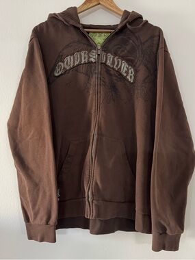Vtg Y2K Quiksilver Brown & Green Graphic Hooded Zip Jacket Cotton Men’s Large